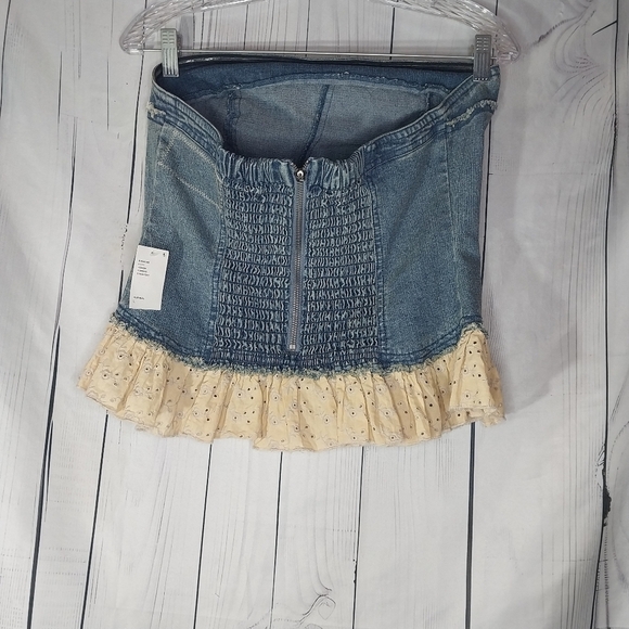 Kimchi Blur Urban Outfitters Denim And Lace Coquette Ruffle Tube Top Size L NWT - Picture 8 of 12